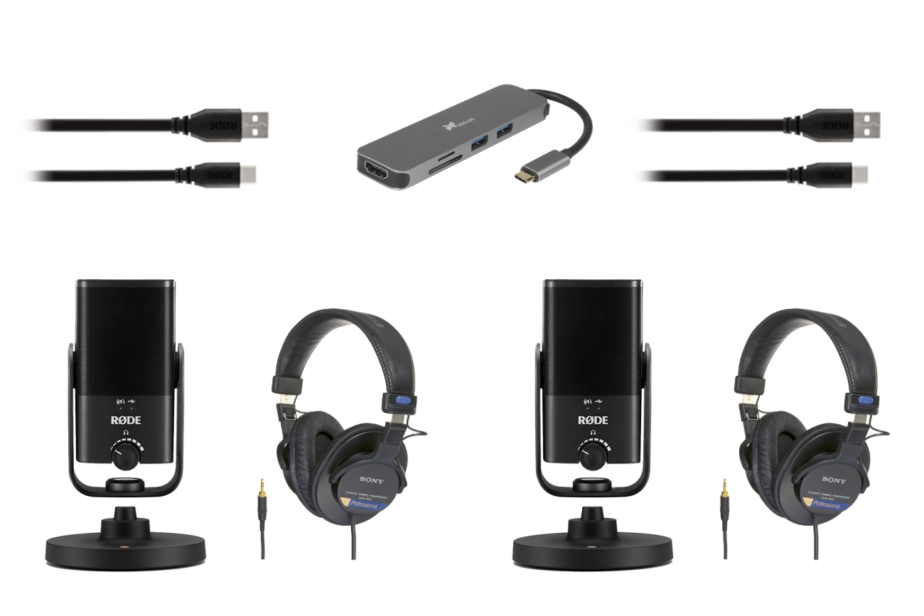 Two USB microphones, two USB-C cables, two headphones, one USB hub