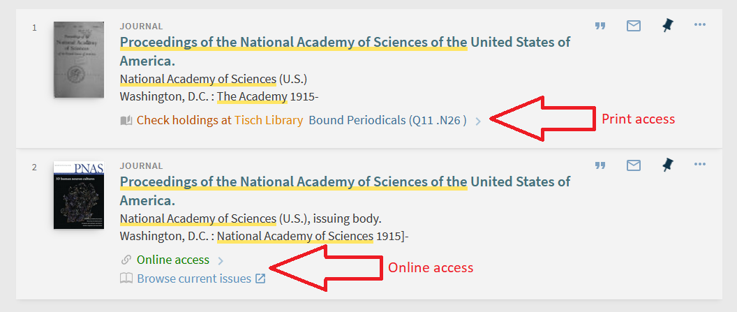 Jumbosearch display of print and online versions of the journal PNAS