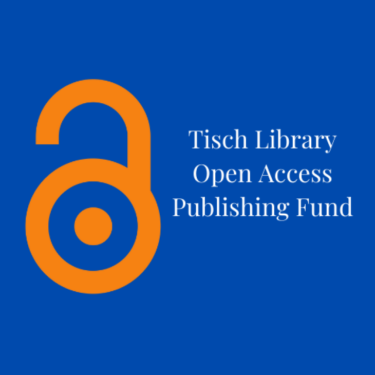 Orange open access lock logo on blue background with text &quot;Tisch Library Open Access Publishing Fund&quot;
