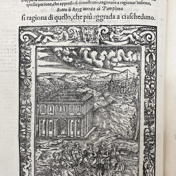 This image shows an engraving of the Decameron's ten characters gathered together in front of a country home. The city of Florence is seen far in the distance.