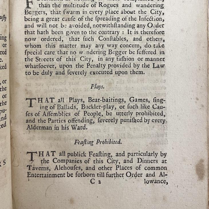 This image details "Orders for Health" that were in place in London during the plague of 1665, specifically those concerning beggars, plays, and feasting.