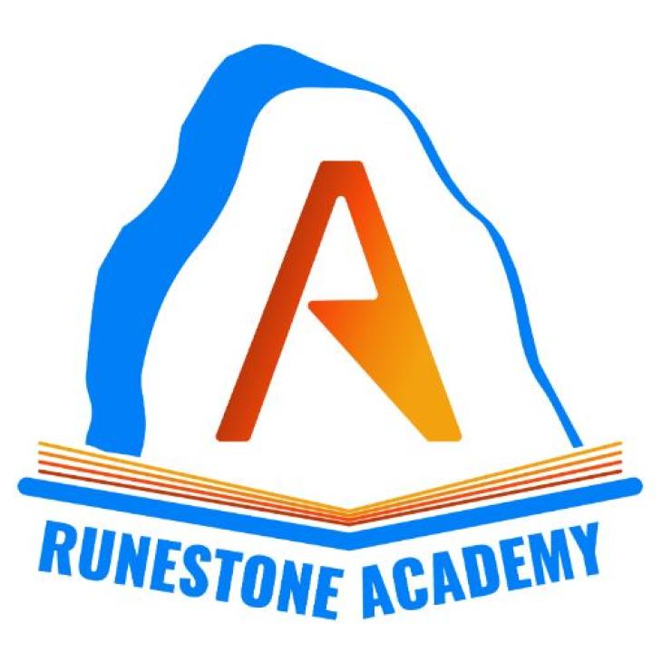 Runestone Academy logo with a large orange A over drawing of an open book