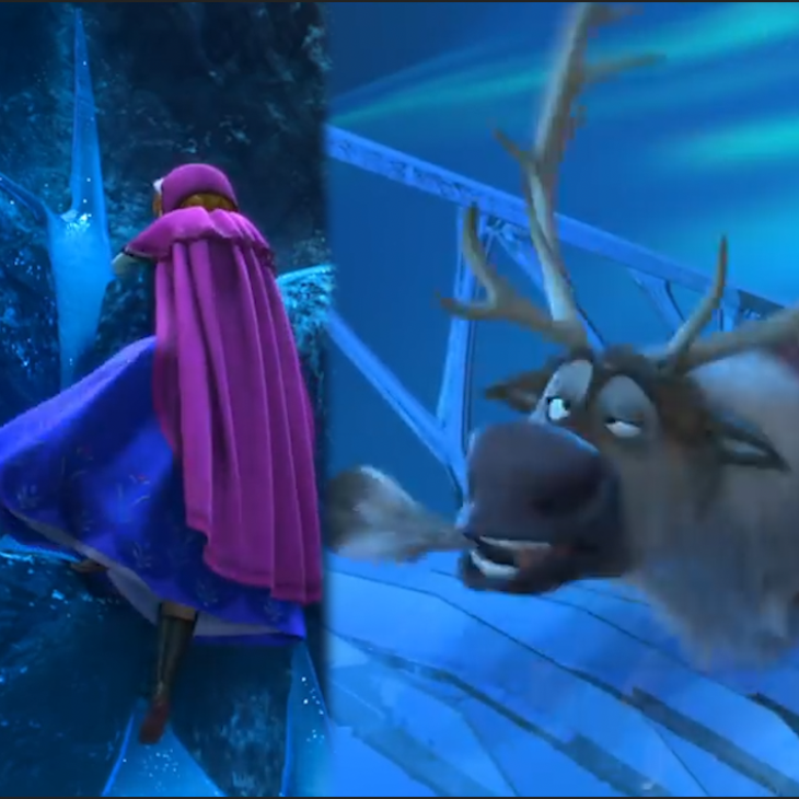 Split screen of Elsa and Sven from Disney's Frozen
