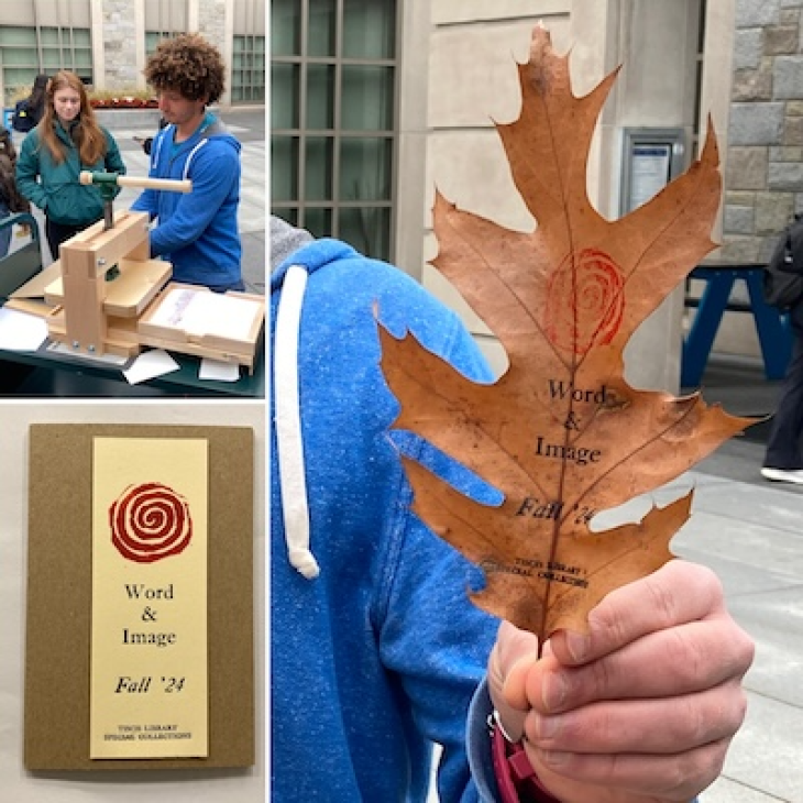 Left to right: image of students using letter press; leaf with printed text Words &amp; Image Fall '24; bookmark with printed text Words &amp; Image Fall '24