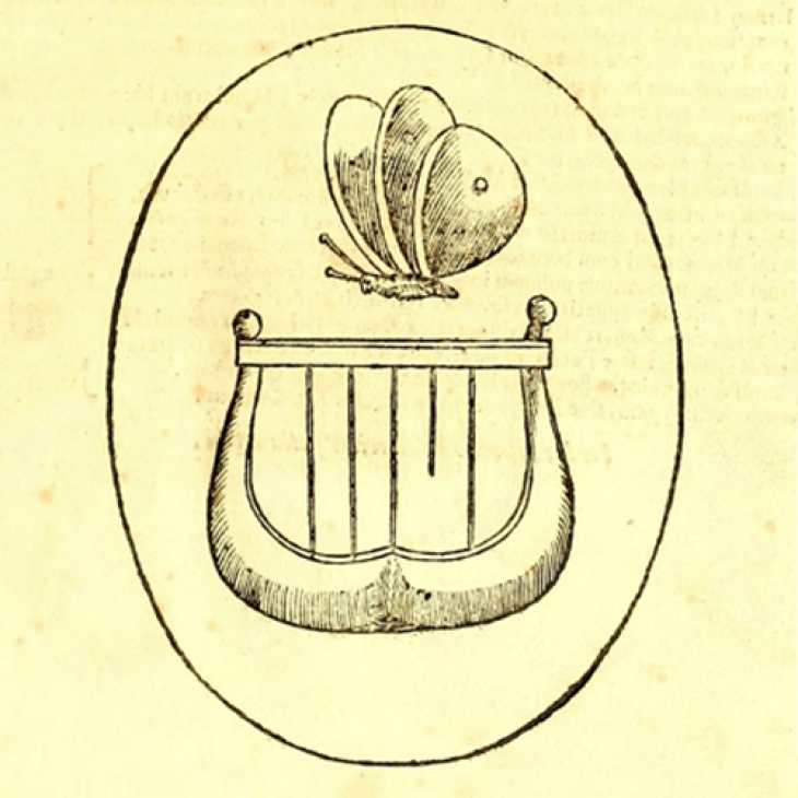 A printed illustration from the front page of Athanasius Kircher's &quot;Musurgia universalis&quot; with a butterfly atop a lyre.