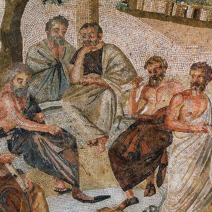 Mosaic of Plato surrounded by students in his Academy in Athens