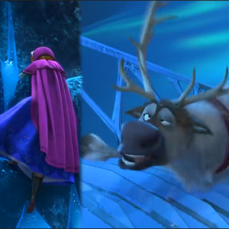 Split screen of Elsa and Sven from Disney's Frozen