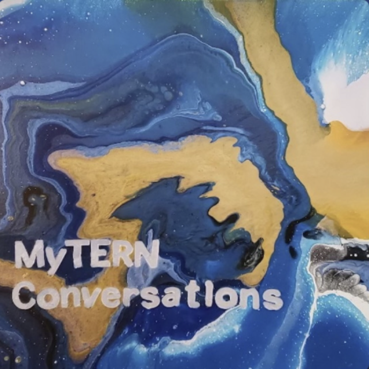 MyTERN Conversations text with fluid blue and yellow paint in the background