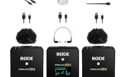 Kit contents of wireless microphones, USB cables, windscreens and receiver