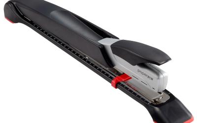 black and gray stapler with a long arm