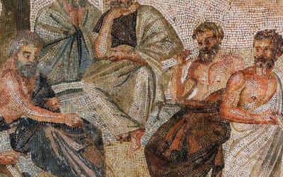 Mosaic of Plato surrounded by students in his Academy in Athens
