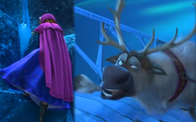 Split screen of Elsa and Sven from Disney's Frozen