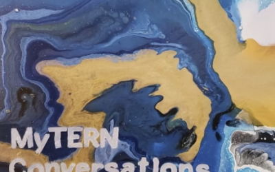 MyTERN Conversations text with fluid blue and yellow paint in the background
