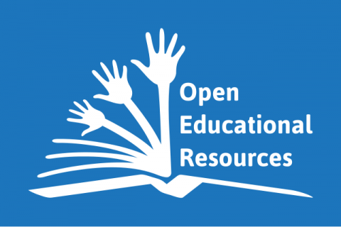 UNESCO Open Educational Resources logo. White hands coming out of a book on a blue background