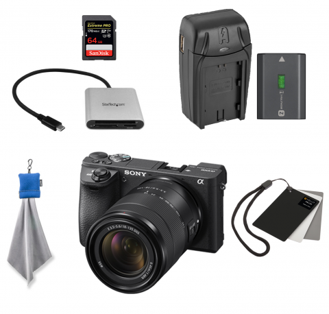 Sony camera, SD card and reader, battery charger and reader, lens cloth and white balance cards