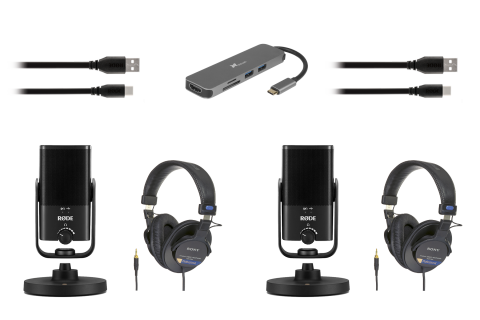 Two USB microphones, two USB-C cables, two headphones, one USB hub