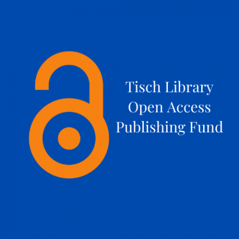 Orange open access lock logo on blue background with text "Tisch Library Open Access Publishing Fund"