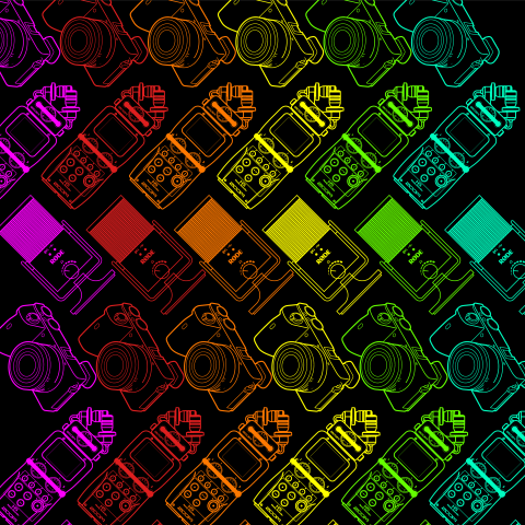 illustrations of various pieces of media equipment, arranged in an alternating diagonal pattern, colored rainbow across the image