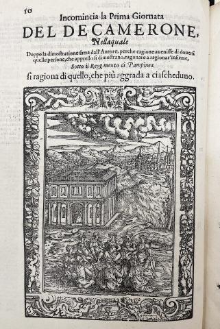 This image shows an engraving of the Decameron's ten characters gathered together in front of a country home. The city of Florence is seen far in the distance.
