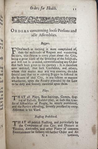 This image details "Orders for Health" that were in place in London during the plague of 1665, specifically those concerning beggars, plays, and feasting.
