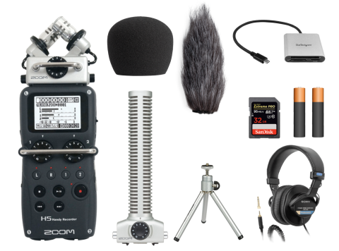Kit contents of audio recorder, stereo and directional microphone, headphones, batteries, SD card, SD card reader,mini tripod and two windscrens