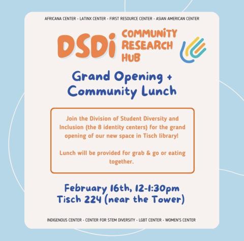 Poster advertising DSDI Community Research Hub Grand Opening and community lunch