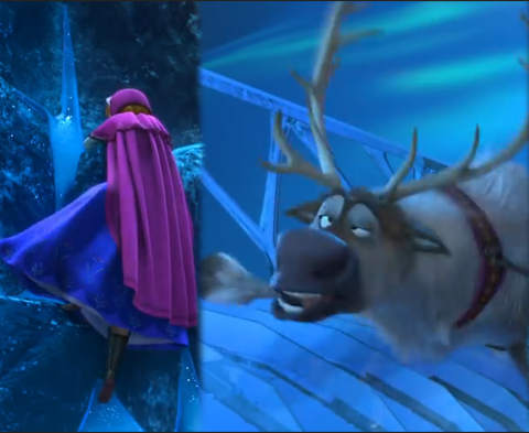 Split screen of Elsa and Sven from Disney's Frozen