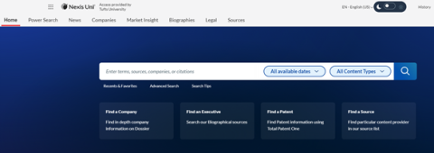Visual image of the updated search interface for the Nexis Uni database.