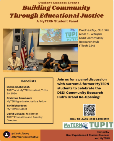 Poster that includes information about the panel discussion titled "Building Community through Educational Justice."