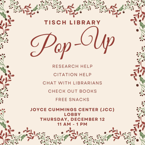 A poster displaying the pop-up library information illustrated with holly berries.