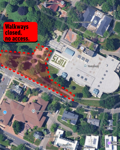 Aerial map of Tisch Library, showing the central walkways between Latin Way and the library are temporarily closed.