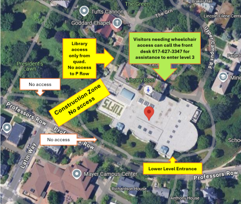 Map of entrances to the library that will be closed and open during construction. Please use lower level entrance. Patrons needing assistance and/or wheelchair access can call the front desk for help using the level 3 entrance behind Eaton Hall