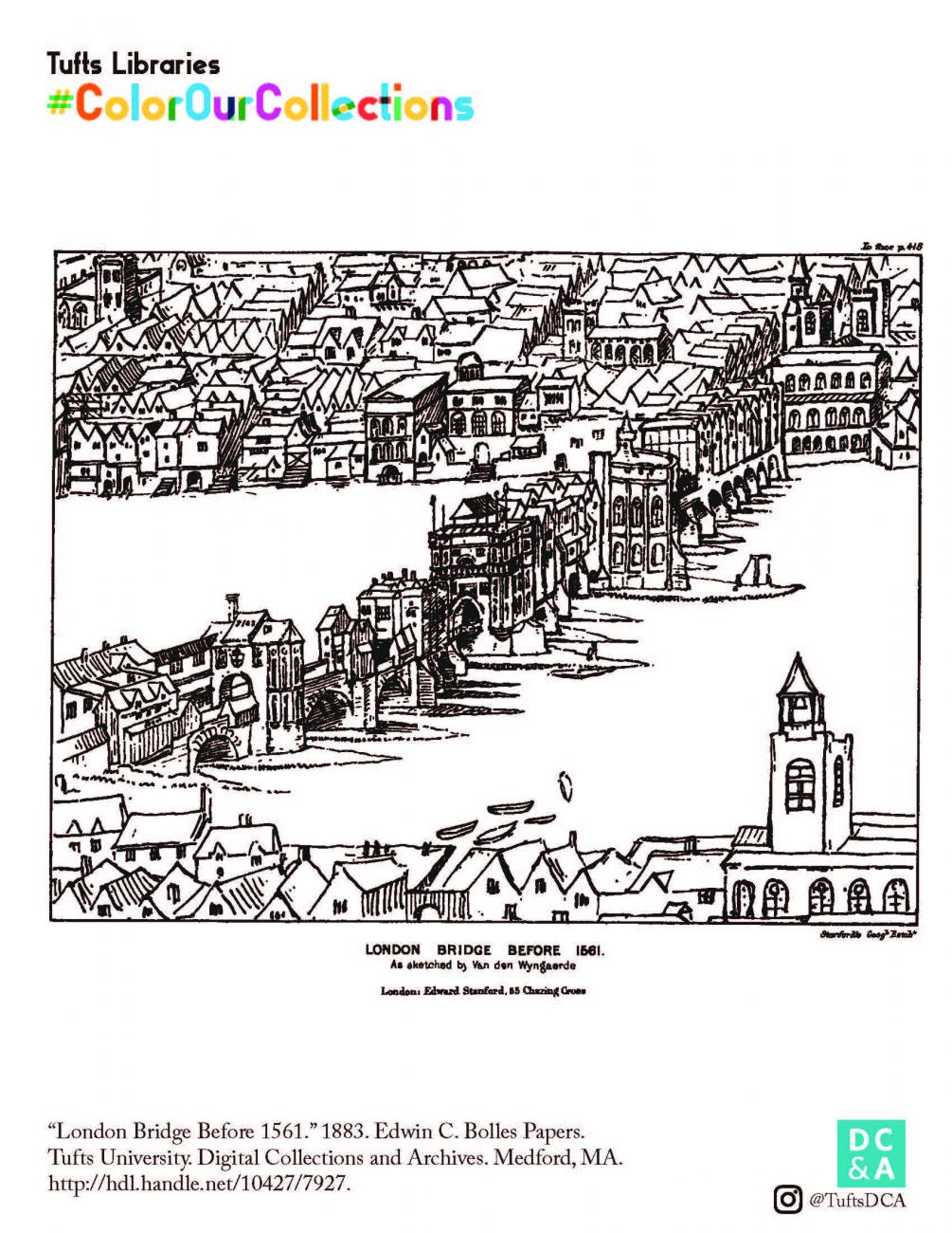 Page from the coloring book with a black and white illustration of London