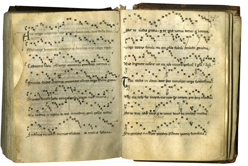 ‘Ave virgo virginum’ sequence, followed by ‘Tibi cordis in altari,’ which begins about halfway down the second folio with the majuscule “T.” 