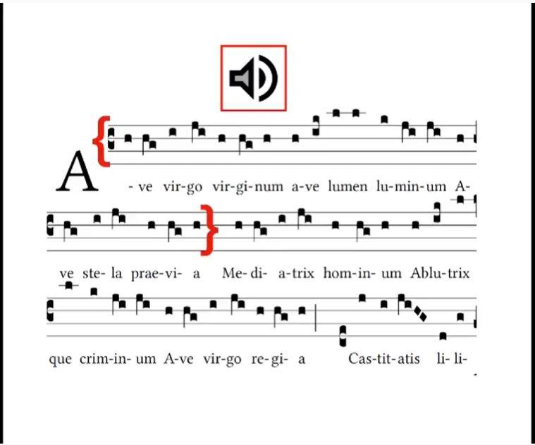 Transcription of the beginning of ‘Ave virgo virginum’ melody, notated using GregorioTeX 