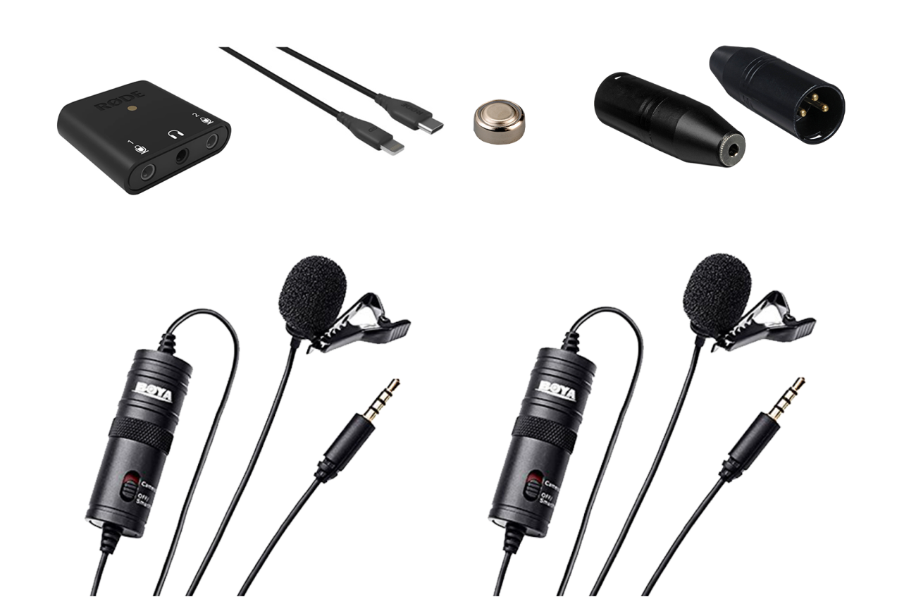 Kit contents are 2 lav microphones, smartphone adater and cables, spare battery, XLR to 3.5mm adapter, 