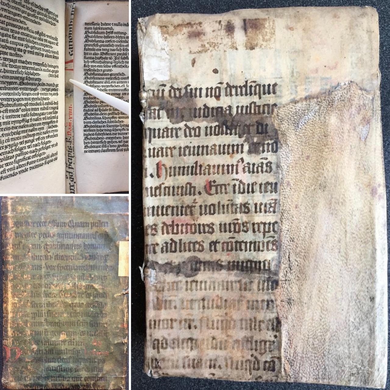 Three images of manuscript fragments used to bind books or to reinforce weak areas.