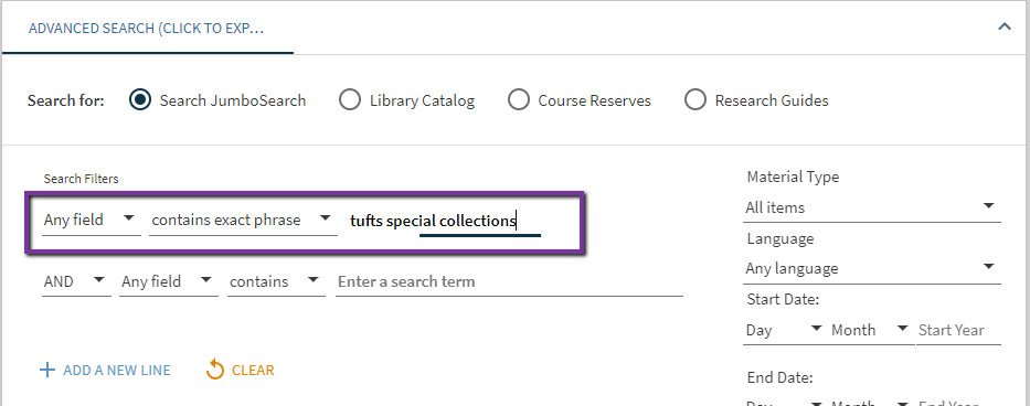 Image of Advance Search for searching special collections