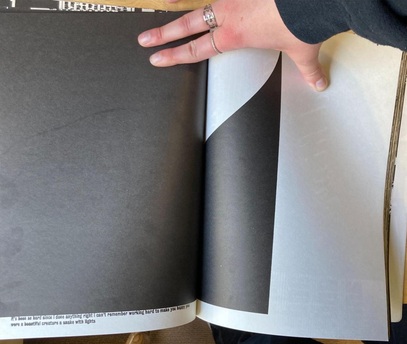 Two book pages printed with blocks of black ink