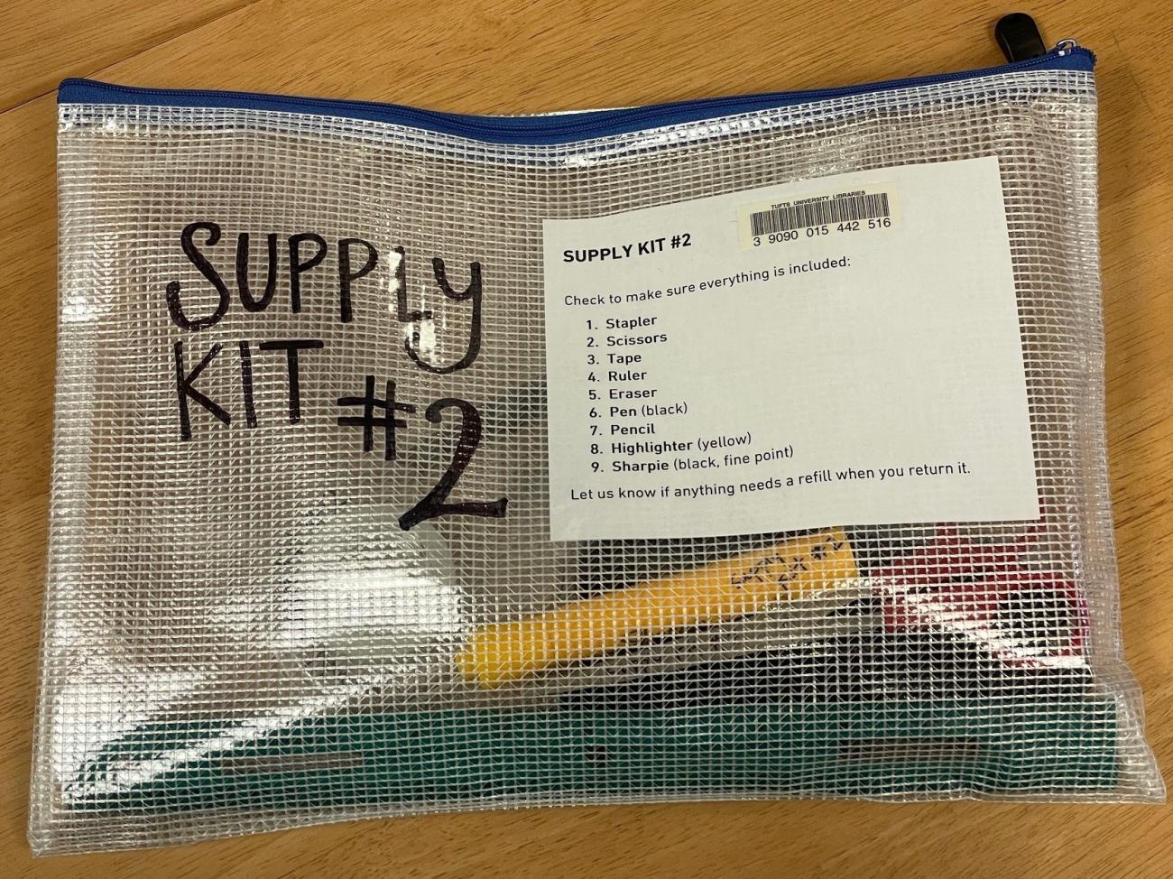 Image of supply kit in bag with content listing and barcode