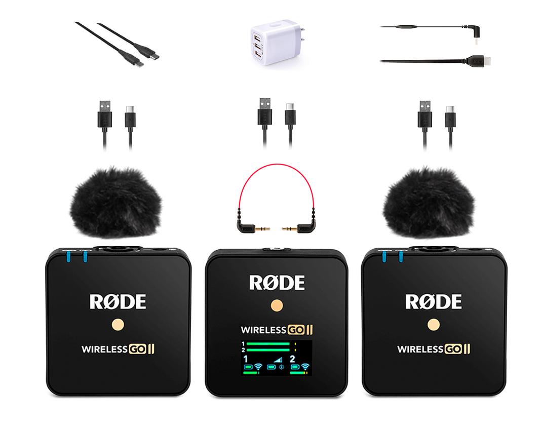 Kit contents of wireless microphones, USB cables, windscreens and receiver