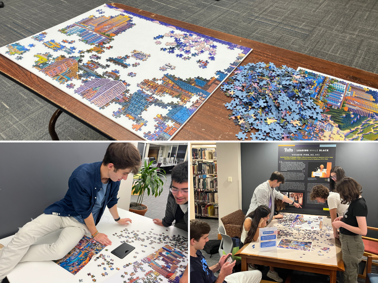 At the top, a partially completed puzzle lays on a wooden table. On the bottom left, Two students work on a puzzle. One sits on top of the white table while the other leans over the other side to look at the pieces. On the bottom right, Six students work on a puzzle while one plays a handheld game. Two are sitting as they sift through pieces while one stands and points at a section of the puzzle on the left side of the table. On the right side, three students look on intently.