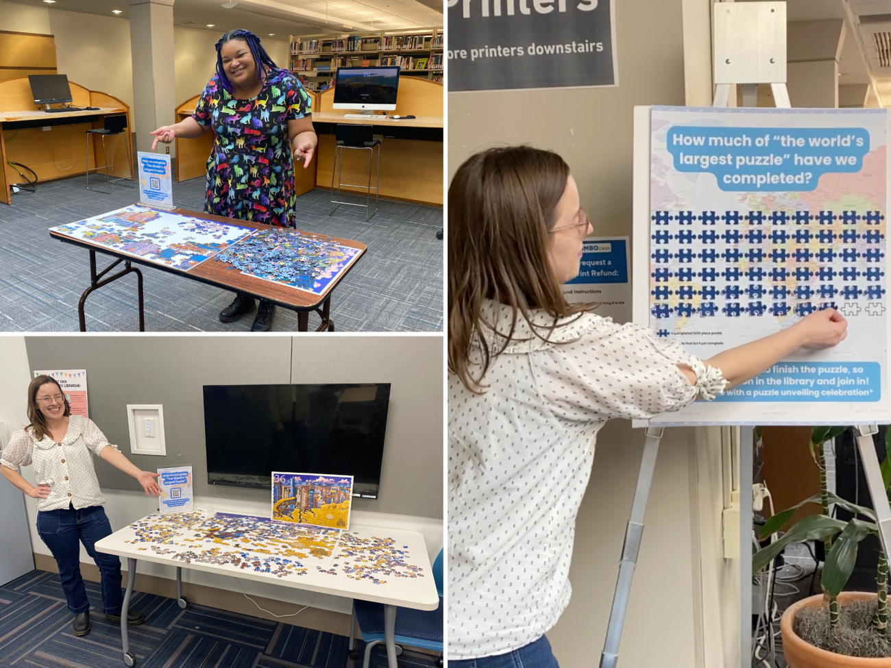 On the top left, A brown-skinned woman with braids stands behind a fold out table and points to a half completed puzzle on top of it. On the bottom left, a pale-skinned woman with glasses presents a partially completed puzzle on a white table. On the right, the same woman places paper puzzle pieces on a board that reads, "How much of 'the world's largest puzzle' have we completed?"