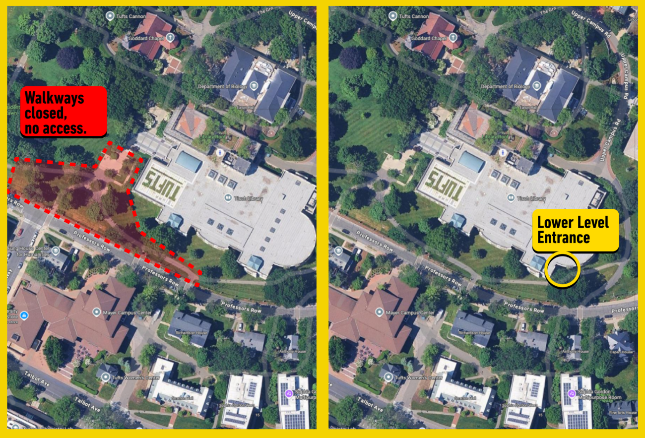 Aerial map of Tisch Library, showing the central walkways between Latin Way and the library are temporarily closed, and locating the lower-level entrance which will be open..