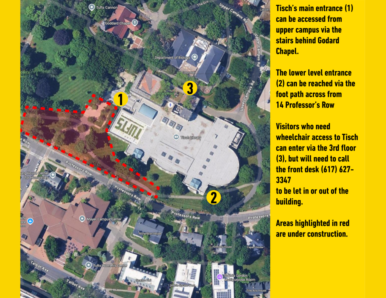Aerial map of Tisch Library marked-up with entrances that are closed and open (information in the text above)