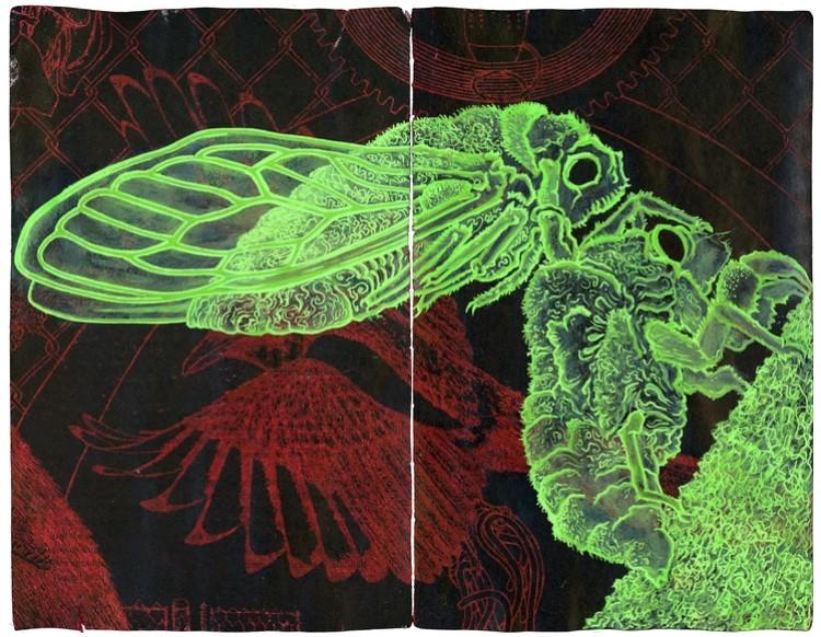 John Lehman artwork green insects and red and black background