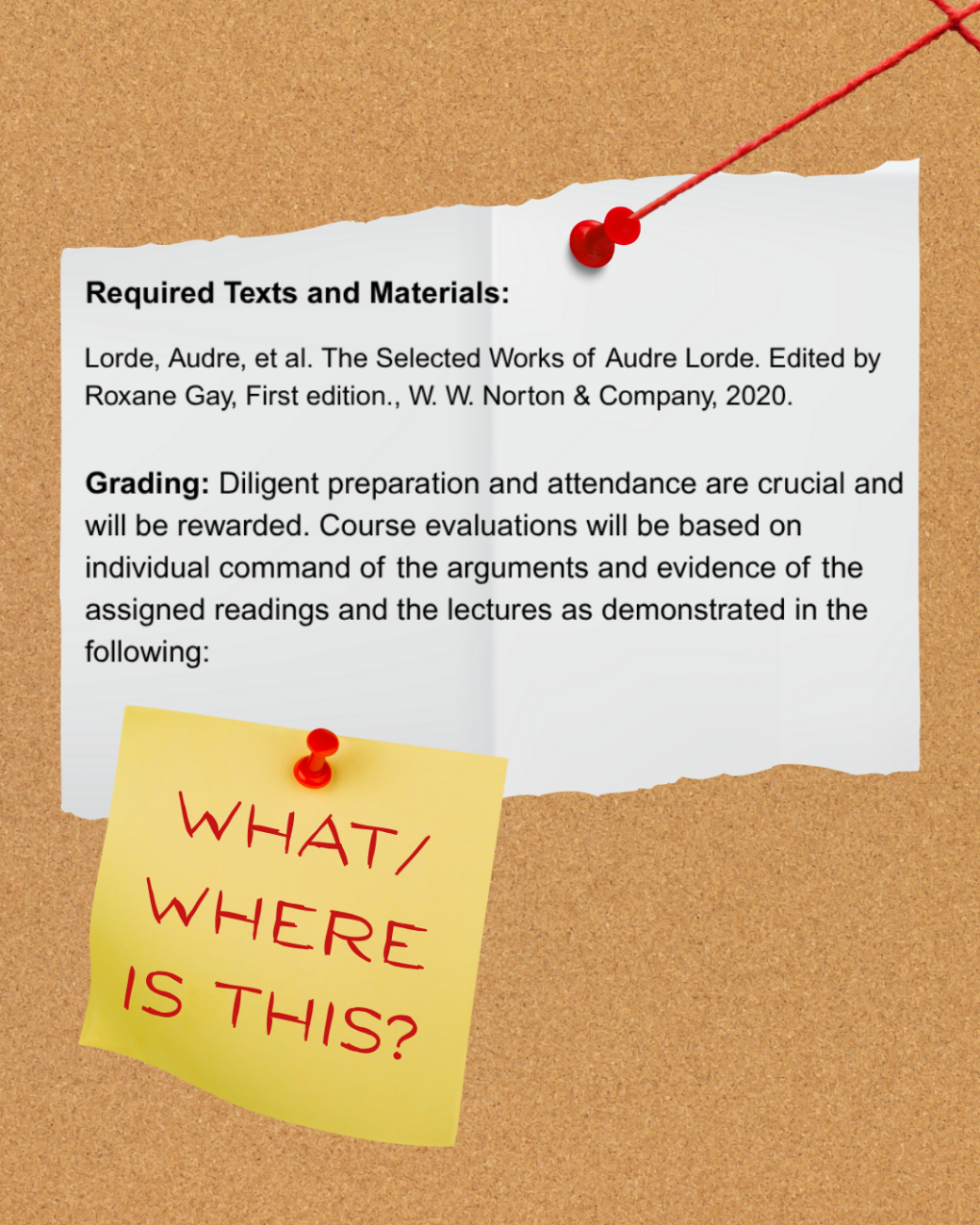 a ripped sheet of paper is pinned to a corkboard with a yellow sticker note attached to it. The text on the sheet of paper reads, "Required Texts and Materials: Lorde, Audre, et al. The Selected Works of Audre Lorde. Edited by Roxane Gay, First edition., W.W.Norton & Company, 2020. Grading: Diligent preparation and attendance are crucial and will be rewarded. Course evaluations will be based on individual command of the arguments based of the assigned readings and lectures as demonstrated in the following:"