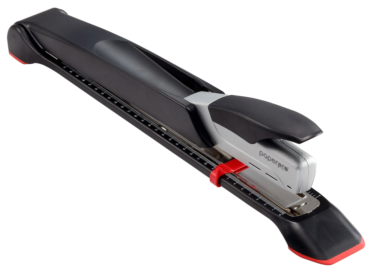 black and gray stapler with a long arm