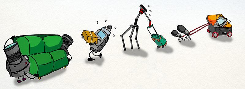 illustration of media equipment carrying luggage and boxes