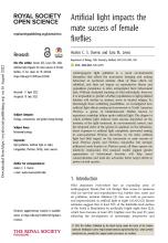 First page of article "Artifical light impacts the mate success of female fireflies"